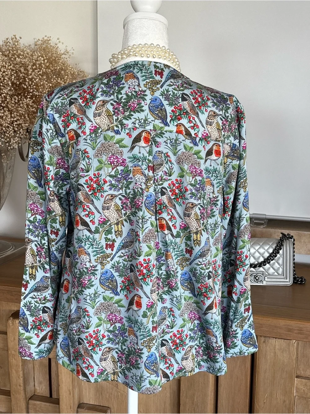J.Jill S Bird Botanical Print Top Blouse 3/4 Sleeve EcoVero Viscose Old Money - Picture 9 of 13